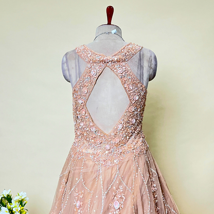 Designer Function Wear Peach Colour Net Fabric Hand Embroidered Gown