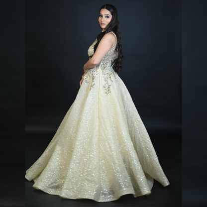 New Cream Sequins Embroidered Designer Net Ball Gown with Halter Neck