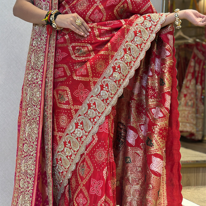 Red Bridal Saree with Intricate Gold Zari Embroidery and Traditional Border