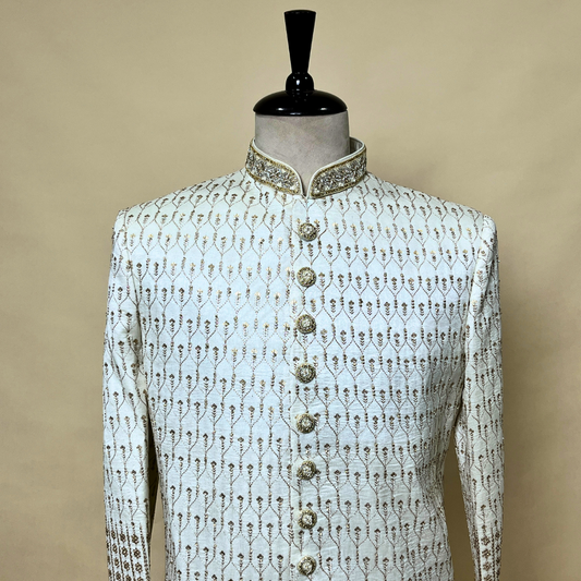 New Cream Dublim Silk Designer Men Sherwani Set