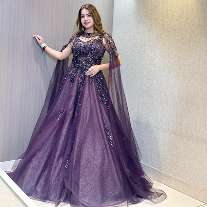 Plum Purple Sequin Embellished Designer Ball Gown with Sheer Cape Sleeves