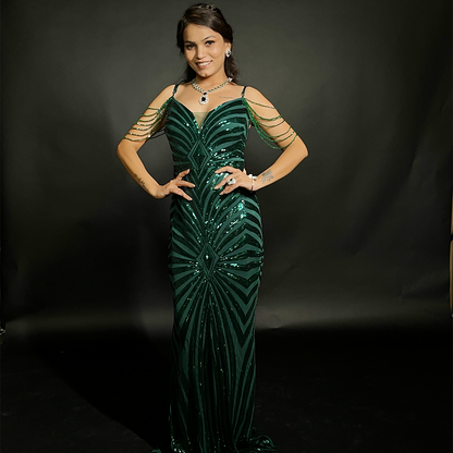 New Green Sequins Mermaid Long Evening Dress