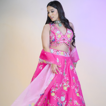 New Pink Lehenga Choli in Silk Embellished with Heavy Embroidery Lehenga