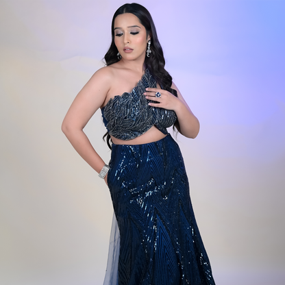 Buy Women Midnight Blue Solid Top with Embellished Fishcut Designer Croptop