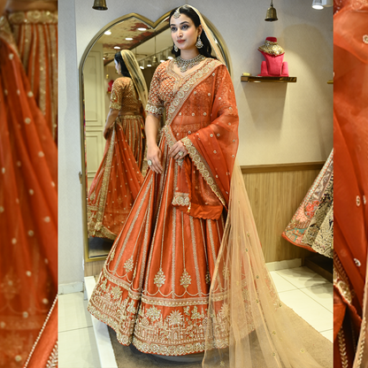 Rust Bridal Raw Silk Embellished Lehenga Set with Two Dupattas