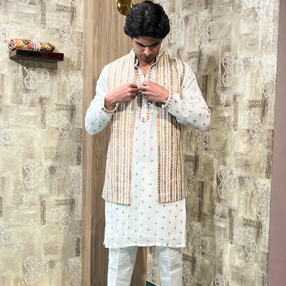 Off White Raw Silk With Mirror Work Embroidery Kurta Set with Jacket