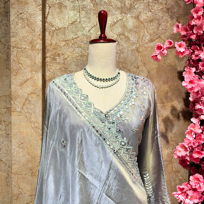 Sangam Silver Organza Mirror Work Sharara Suit