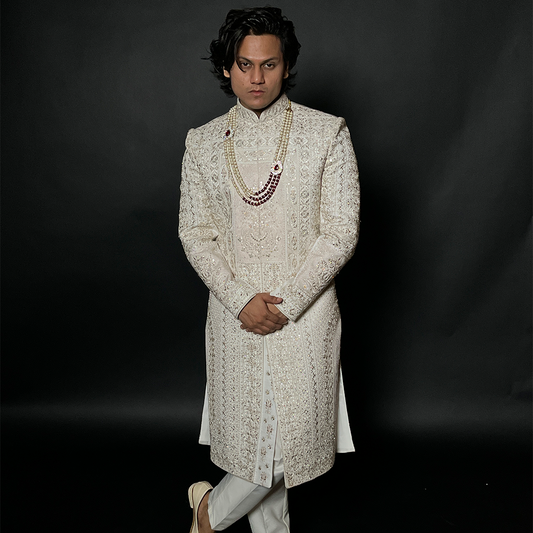 Latest White Designer Groom Sherwani Set With Handwork