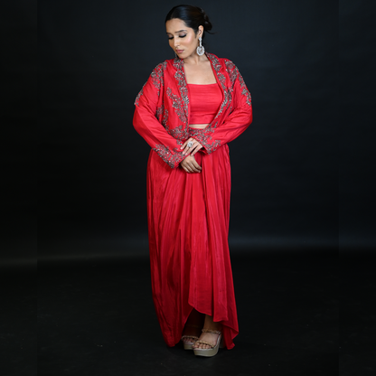 Red Indo Western Skirt Set With Cut Dana Work And Embroidered Cape