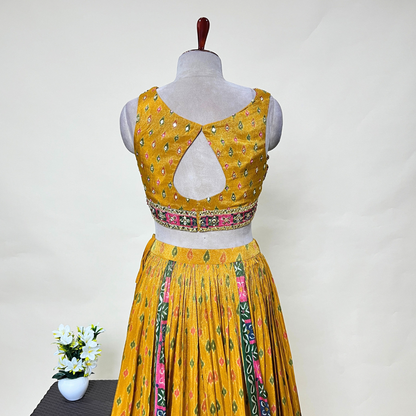 Yellow Multi Colour Crepe Fabric Croptop Lehenga