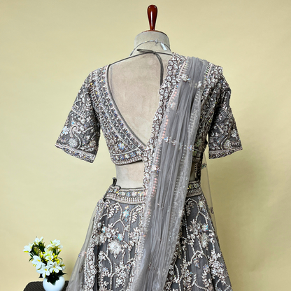 Exquisite Grey Embroidered Designer Lehenga with Handwork Blouse and Net Dupatta