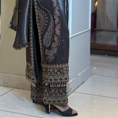 Gray Colour Tissue Pakistani Long Style Salwar Suit