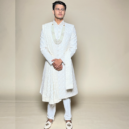 New Ivory Silk Embroidered Chikankari Floral Sherwani Set