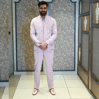 Elegant Pink Linen Front Open Kurta Koti Set Set Men in Viscose Silk