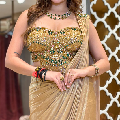 Beige Gold Ready-to-Wear Saree with Embellished Blouse | Pre-Draped Party Wear
