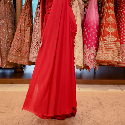 New Red Lycra Cutwork Hand Embroidered Draped Saree Set