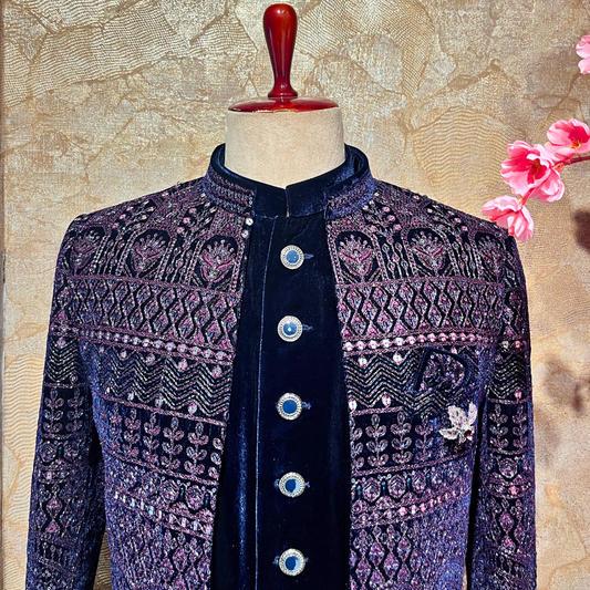 Buy Hand Worked Dark Blue Velvet Indo Western