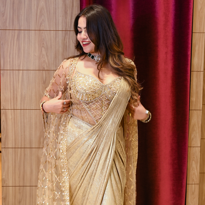 Champagne Gold Draped Saree with Embellished Cape Jacket