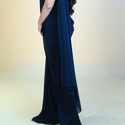 Navy Blue Pre Stitched Draped Saree Gown Set with a Hand Embroidered Set