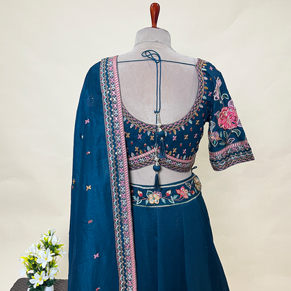 Floral Teal Blue Embroidered Designer Lehenga with V shape Blouse