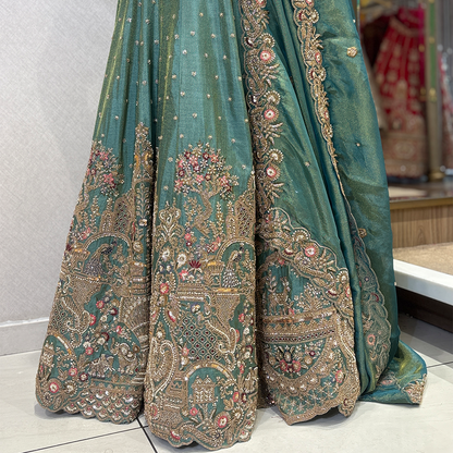 New Green Tissue Silk Designer Lehenga with Heavy Cutdana Heavy Embroidery Work