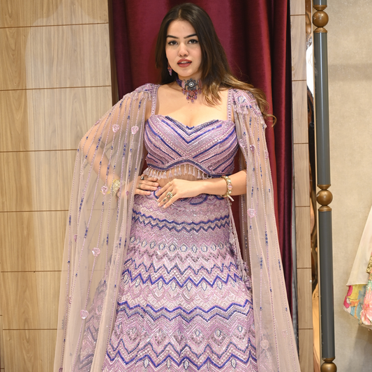 Lavender Designer Sequins Embroidered Net Lehenga Set with Cape Sleeves