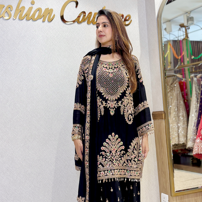 Black Designer Sharara Suit with Intricate Multicolor Embroidery and Dupatta