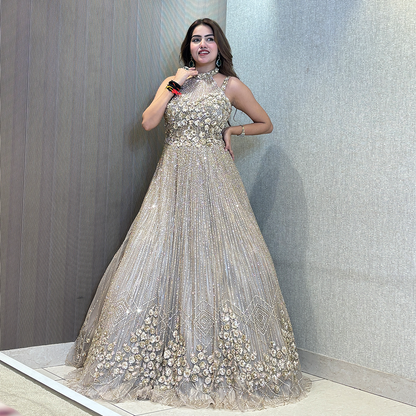 Grey Sequins Embroidered Net Evening Gown with Halter Neck
