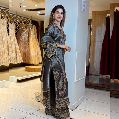 Gray Colour Tissue Pakistani Long Style Salwar Suit
