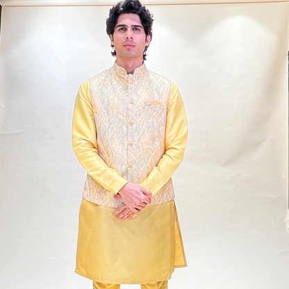 Silk Light Yellow Traditional Wear Readymade Kurta Pajama With Nehru jacket