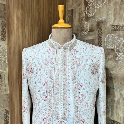 Handwork Sangam White Silk Groom Sherwani