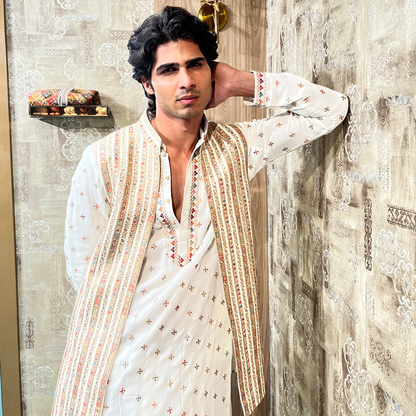 Off White Raw Silk With Mirror Work Embroidery Kurta Set with Jacket