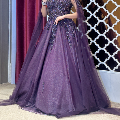 Plum Purple Sequin Embellished Designer Ball Gown with Sheer Cape Sleeves