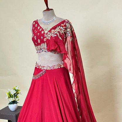 Dark Red Color Designer Hand Worked Croptop Lehenga With Attached Dupatta