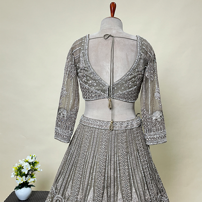 New Wedding Wear Grey Embroidery Work Net Lehenga Choli