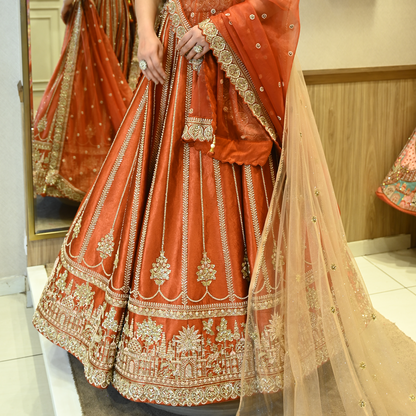 Rust Bridal Raw Silk Embellished Lehenga Set with Two Dupattas