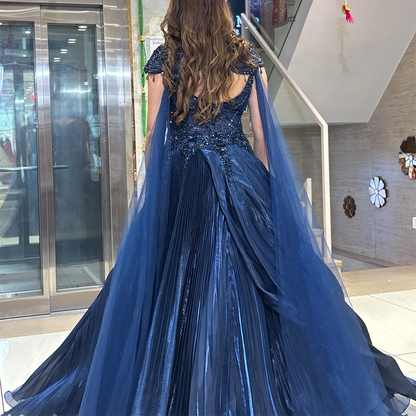 Navy Blue Sequin Embellished Designer Gown with Draped Skirt and Sheer Dupatta