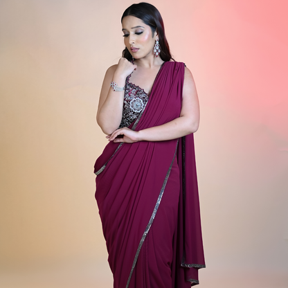 New Purple Georgette Sequins, Beads Solid Pre-draped Saree With Embellished Blouse
