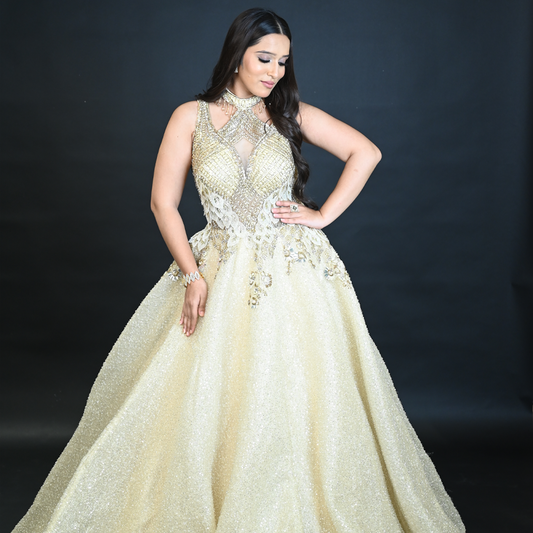 New Cream Sequins Embroidered Designer Net Ball Gown with Halter Neck