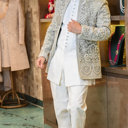 New Pista Green Embroidered Indo-Western for Men