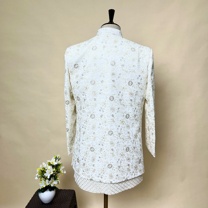 New Cream Indo-Western Embroidered Thread Floral Striped Set