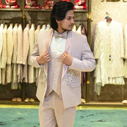 New Pastel Pink Tuxedo for Men Wedding Wear with Floral Embroidery