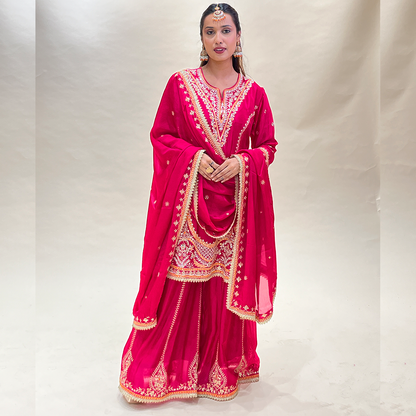 Fashionable Rani Color Embroidered Chinon Fabric Palazzo Suit