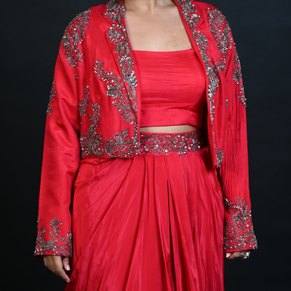 Red Indo Western Skirt Set With Cut Dana Work And Embroidered Cape