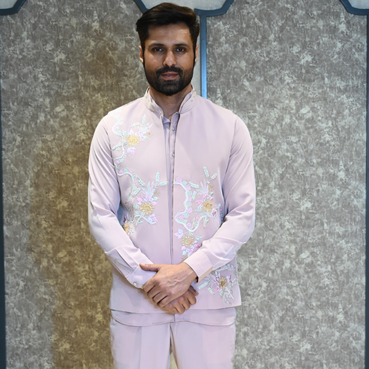 Elegant Pink Linen Front Open Kurta Koti Set Set Men in Viscose Silk