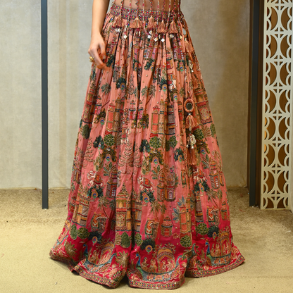 Pink Printed Designer Lehenga with Embroidered Strap Sleeve Blouse