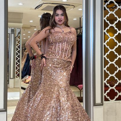 Champagne Beige Heavy Sequins and Beads Embroidered Design Lehenga