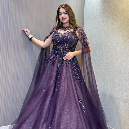 Plum Purple Sequin Embellished Designer Ball Gown with Sheer Cape Sleeves
