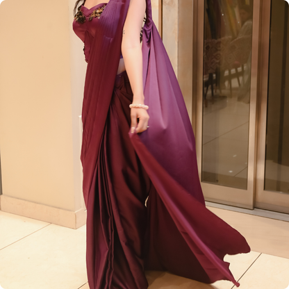 Premium Wine Satin Saree with Hand Embroidered Blouse for Special Occasions