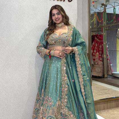 New Green Tissue Silk Designer Lehenga with Heavy Cutdana Heavy Embroidery Work